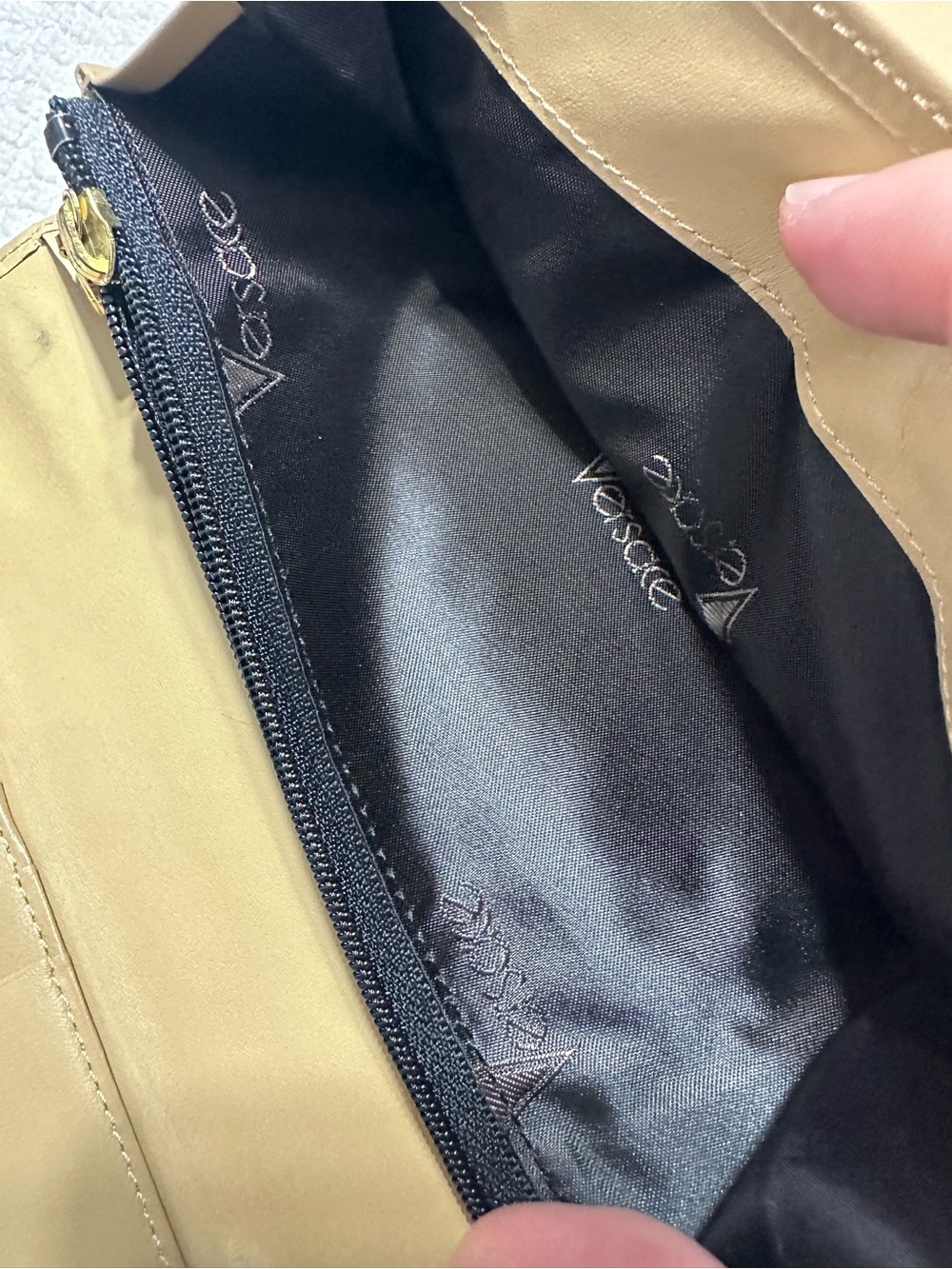 Versace Men’s Tan Pants with Black Branded Lining and Gold Zip Detail